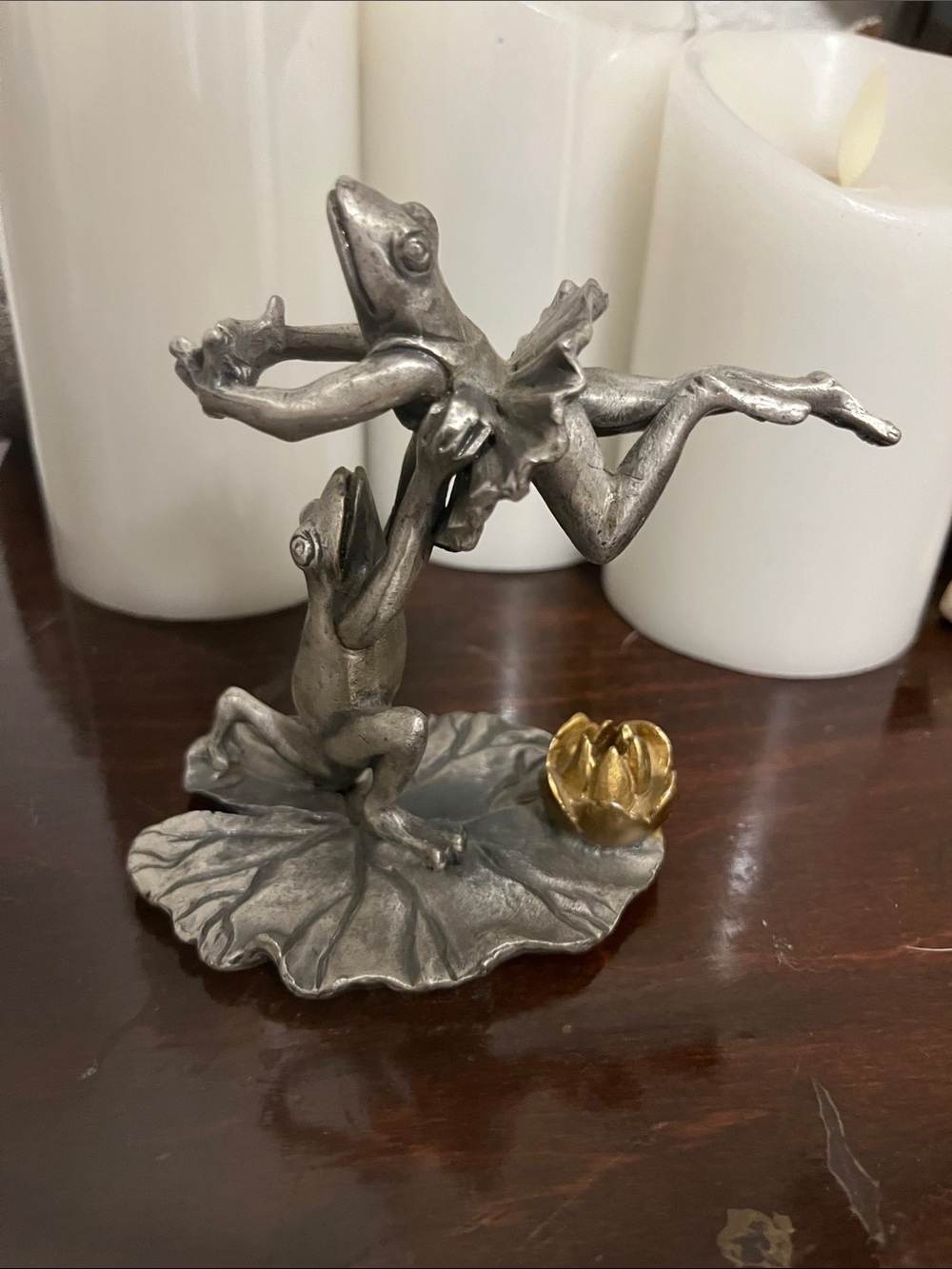 Dancing Frog Ballet Pewter Figurine with Gold Lily Accent